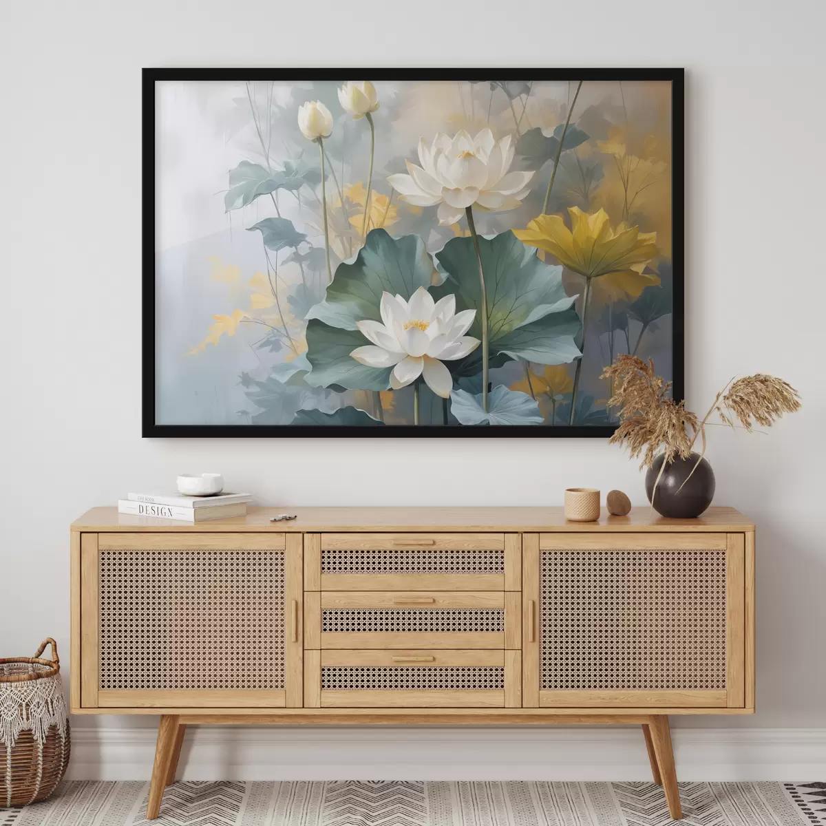 Poster Witte lotusbloemen in een vijver met groene waterlelies, omringd door gele bloemen en een wazige achtergrond f40559