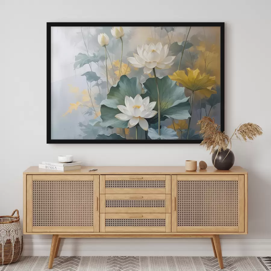 Fotobehang Witte lotusbloemen in een vijver met groene waterlelies, omringd door gele bloemen en een wazige achtergrond f40559