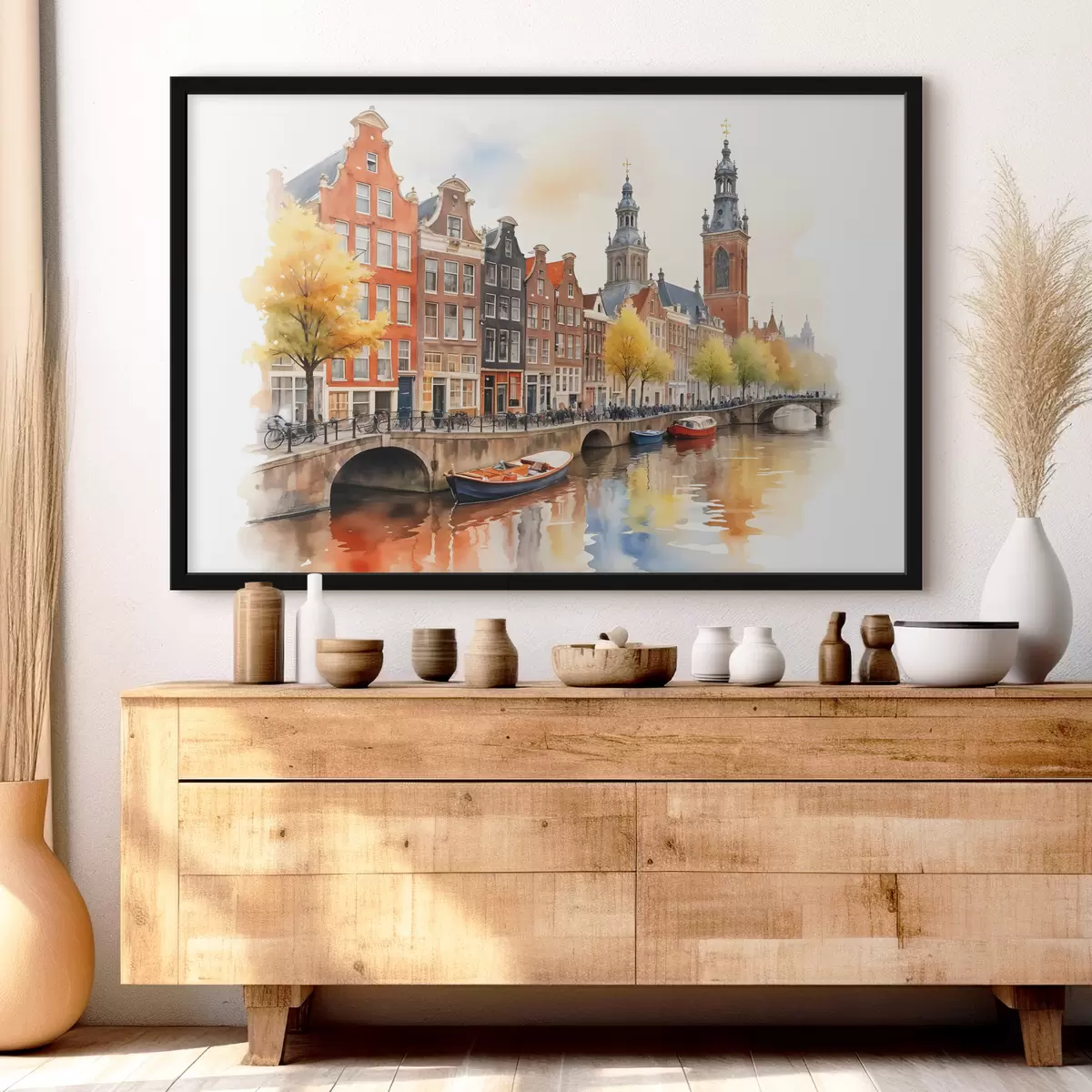 Poster Een kleurrijk aquarel stadsgezicht van Amsterdam met traditionele Nederlandse grachtenpanden en boten op het water f40561