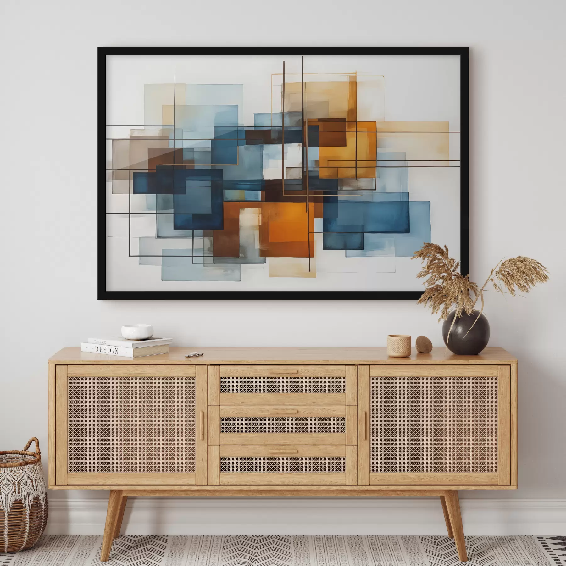 Fotobehang Abstracte geometrische vormen in tinten blauw, oranje en bruin creëren een moderne minimalistische compositie f40563