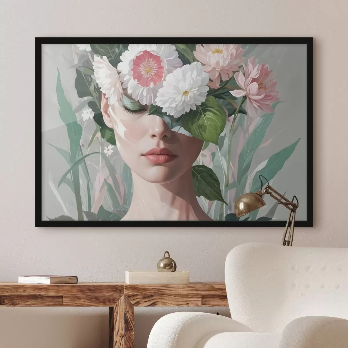 Poster Een vrouw gedeeltelijk verborgen door een boeket grote roze en witte bloemen tegen een groene, bladrijke achtergrond f40567