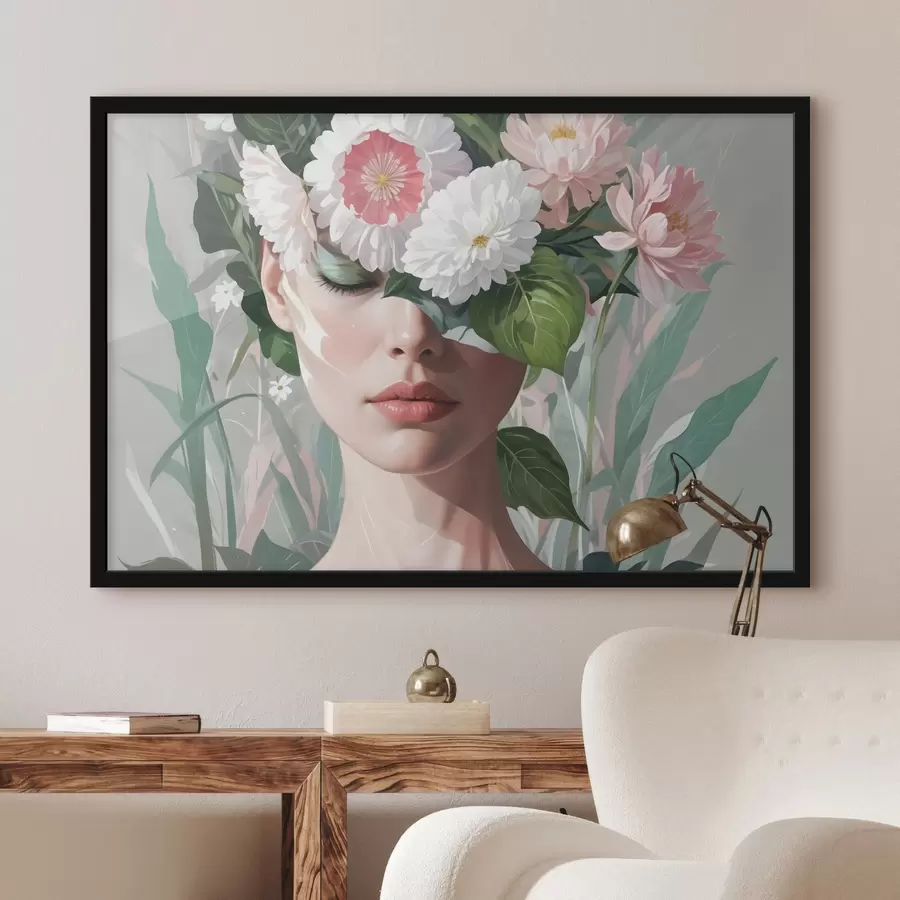 Fotobehang Een vrouw gedeeltelijk verborgen door een boeket grote roze en witte bloemen tegen een groene, bladrijke achtergrond f40567