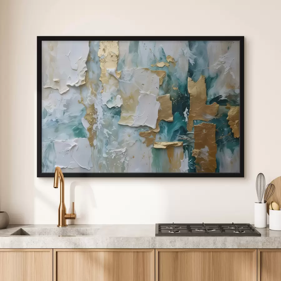 Papier peint photo Peinture écaillée avec des couches de couleurs blanches, bleues et jaunes créant une impression abstraite et texturée f40577