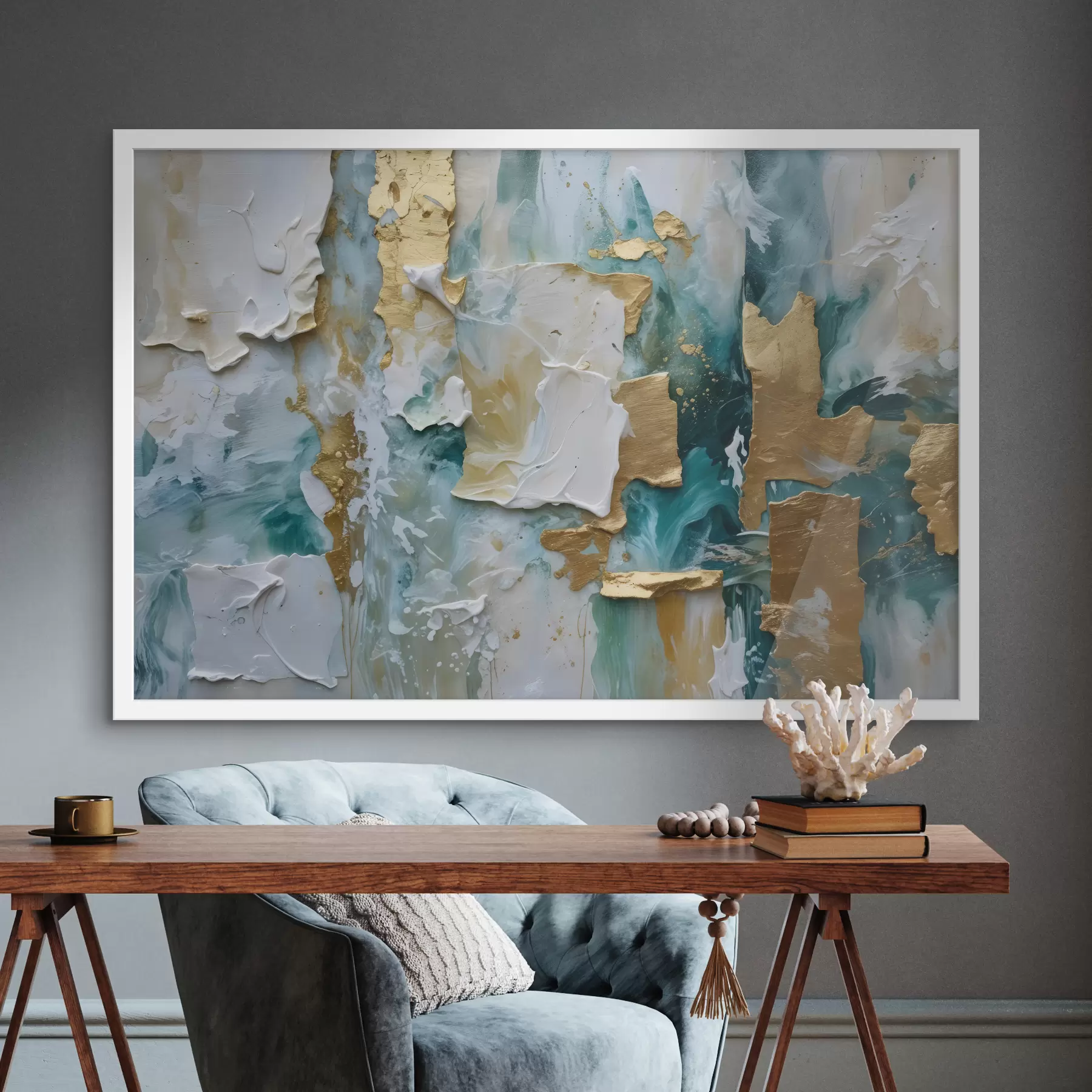 Fotobehang Afbladderende verf met lagen van witte, blauwe en gele kleuren die een abstracte, gestructureerde afdruk creëren f40577