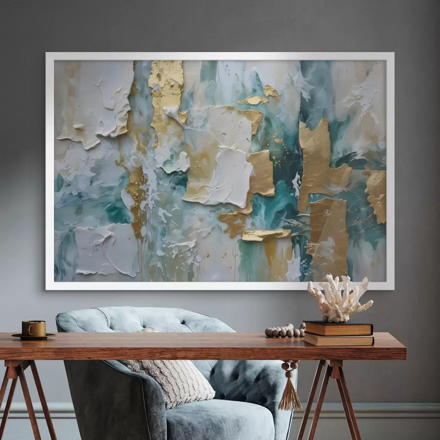 Fotobehang Afbladderende verf met lagen van witte, blauwe en gele kleuren die een abstracte, gestructureerde afdruk creëren f40577