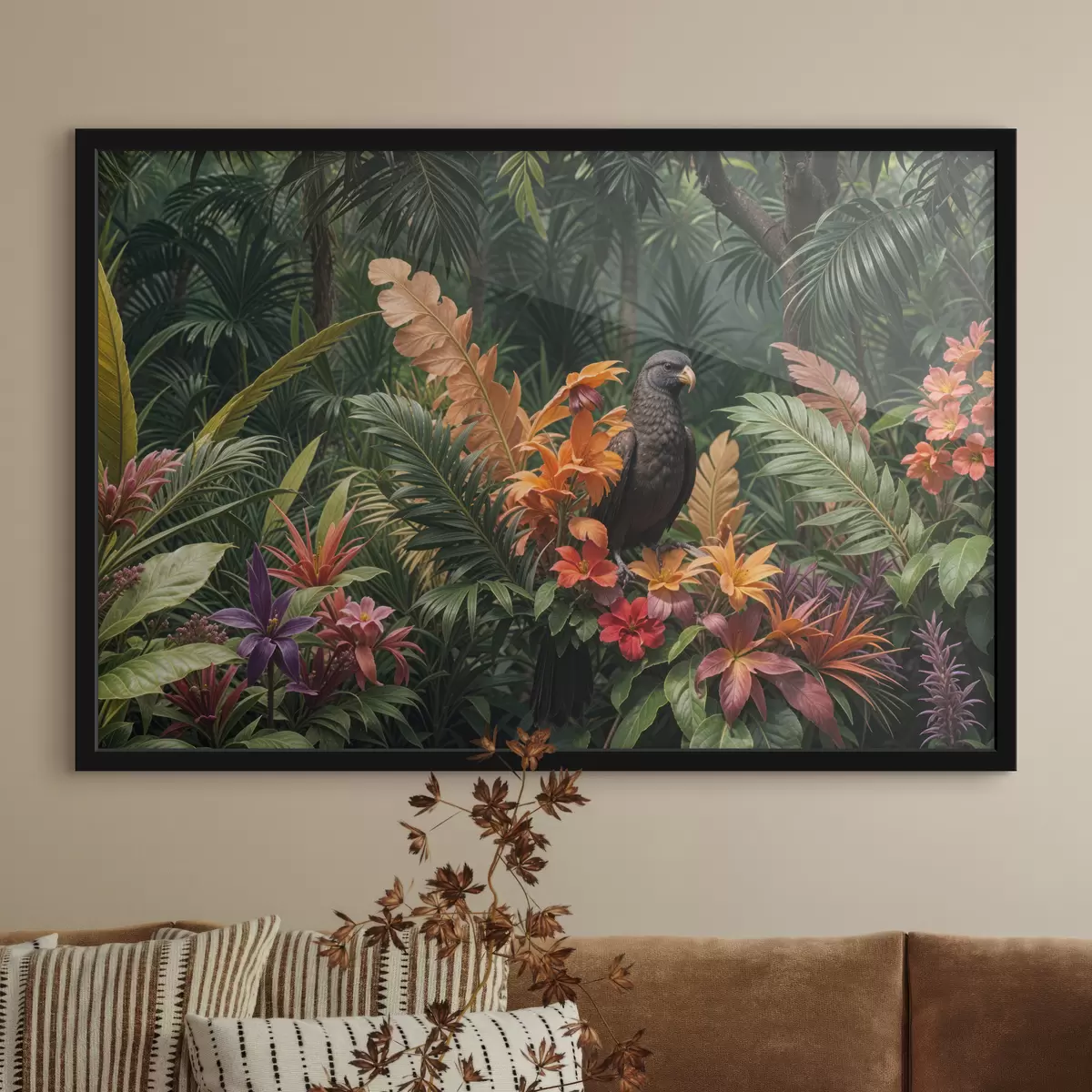 Affiche Oiseau tropical perché sur une branche entouré de feuillage vibrant, de feuilles de palmier, de fleurs et de plantes exotiques f40578