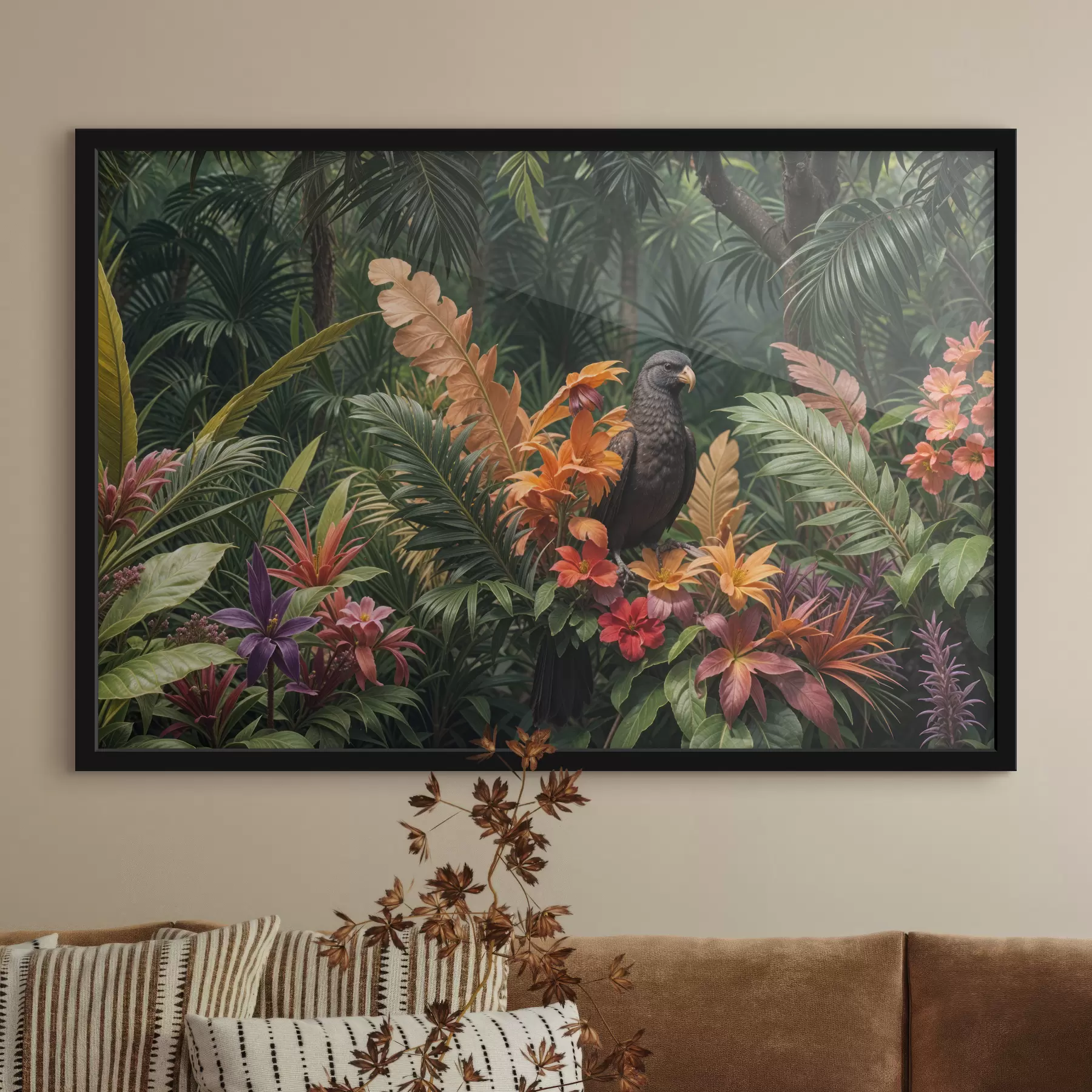  Peintures Oiseau tropical perché sur une branche entouré de feuillage vibrant, de feuilles de palmier, de fleurs et de plantes exotiques f40578