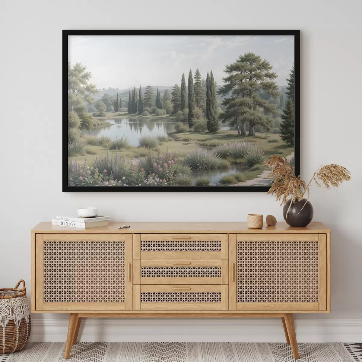 Poster Een sereen landschap met een rustig meer omgeven door pijnbomen, cipressen en andere weelderige vegetatie f40579