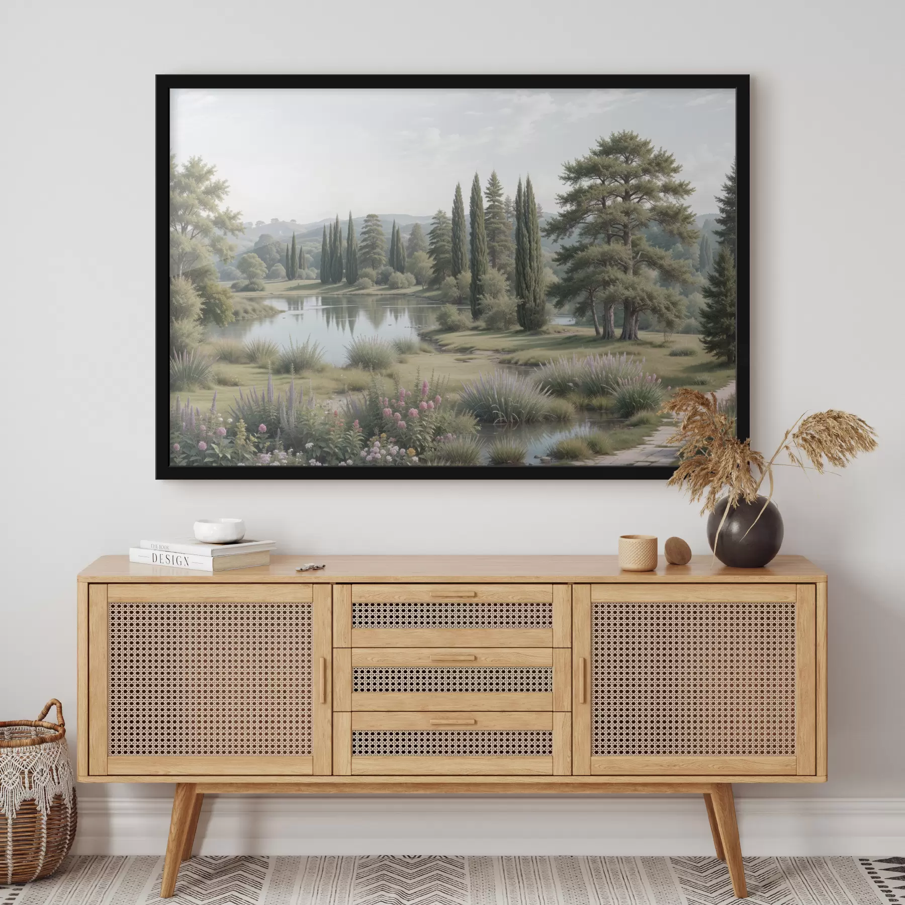 Papier peint photo Un paysage serein avec un lac tranquille entouré de pins, de cyprès et d'autres végétations luxuriantes f40579