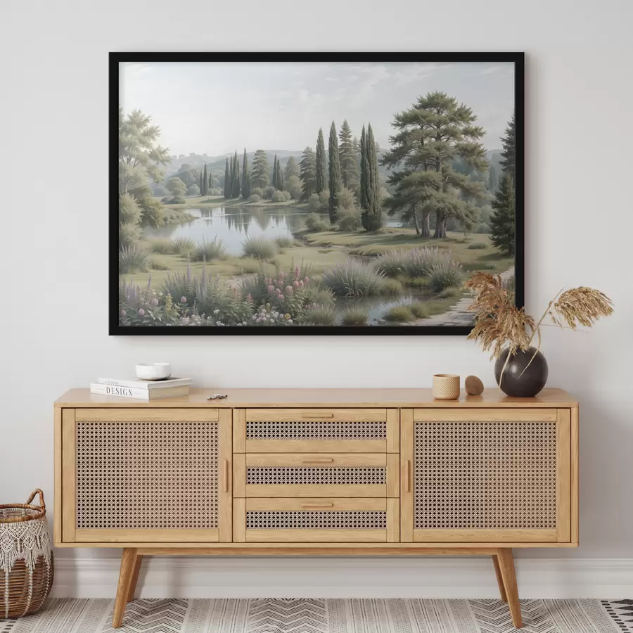 Fotobehang Een sereen landschap met een rustig meer omgeven door pijnbomen, cipressen en andere weelderige vegetatie f40579