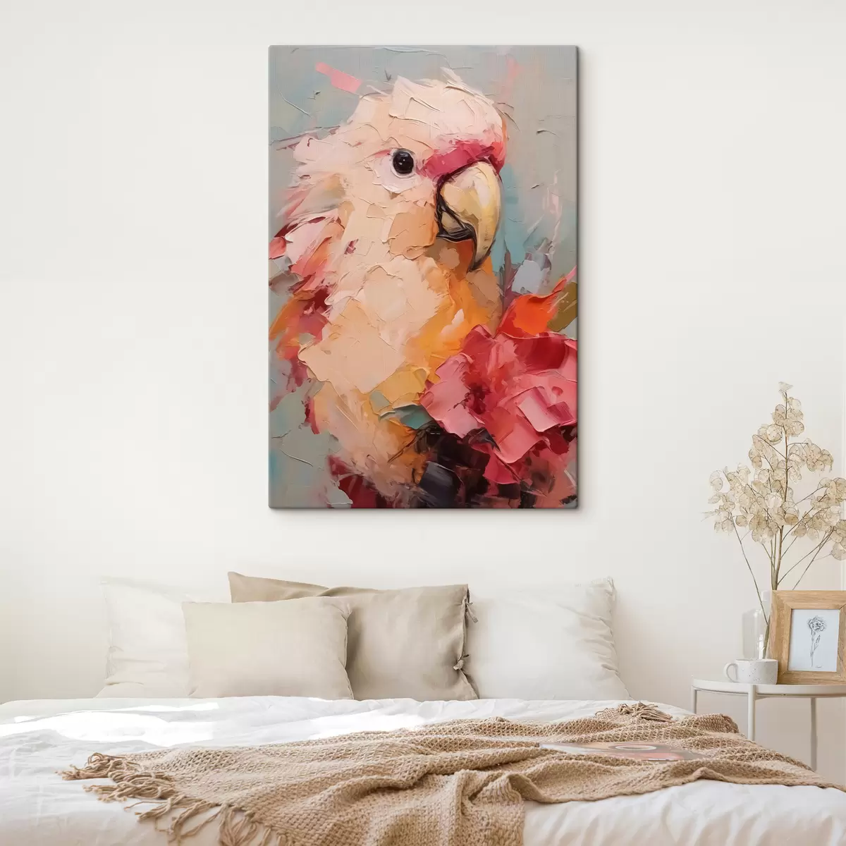  Schilderijen Portret van een kaketoe papegaai, roze, rood, beige, grijze kleur s40525