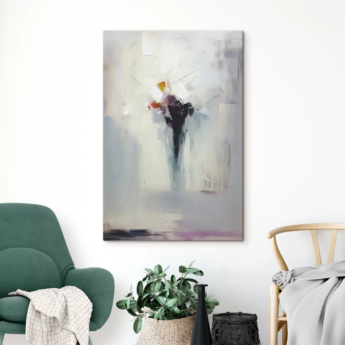  Peintures Abstraction astrale tache noire sur fond blanc-gris, imitation de coups de pinceau s40526