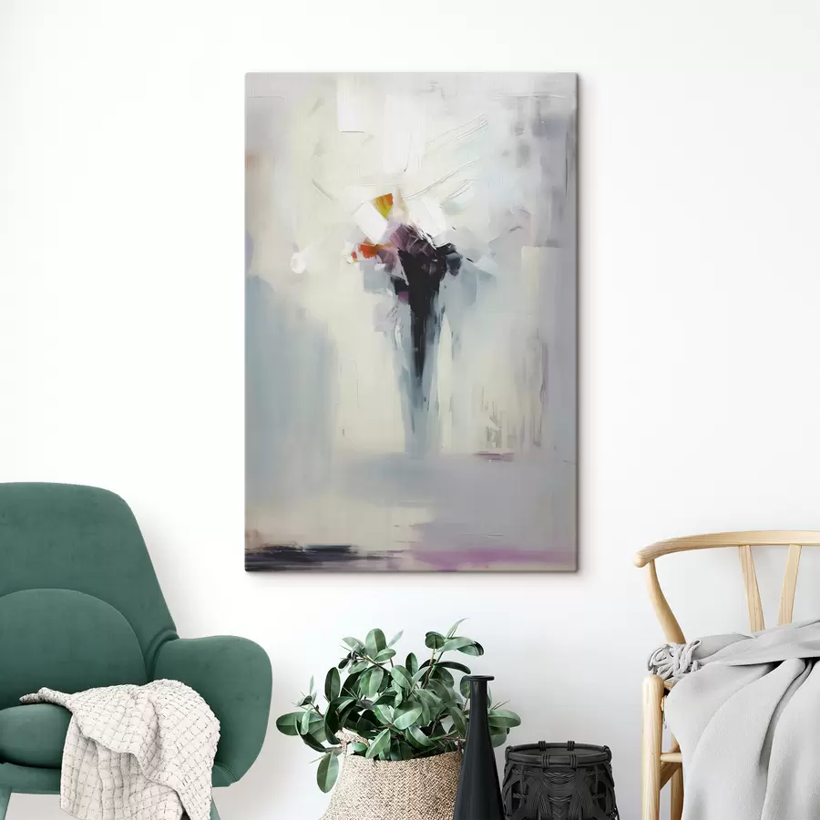  Schilderijen Astrale abstractie zwarte vlek op witgrijze achtergrond, imitatie van penseelstreken s40526