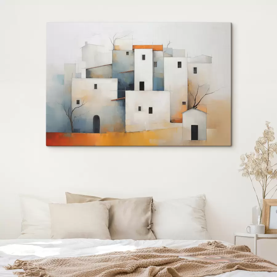 Fotobehang Witte gestileerde huizen abstract, rood, oranje, geel, blauwe kleur s40531