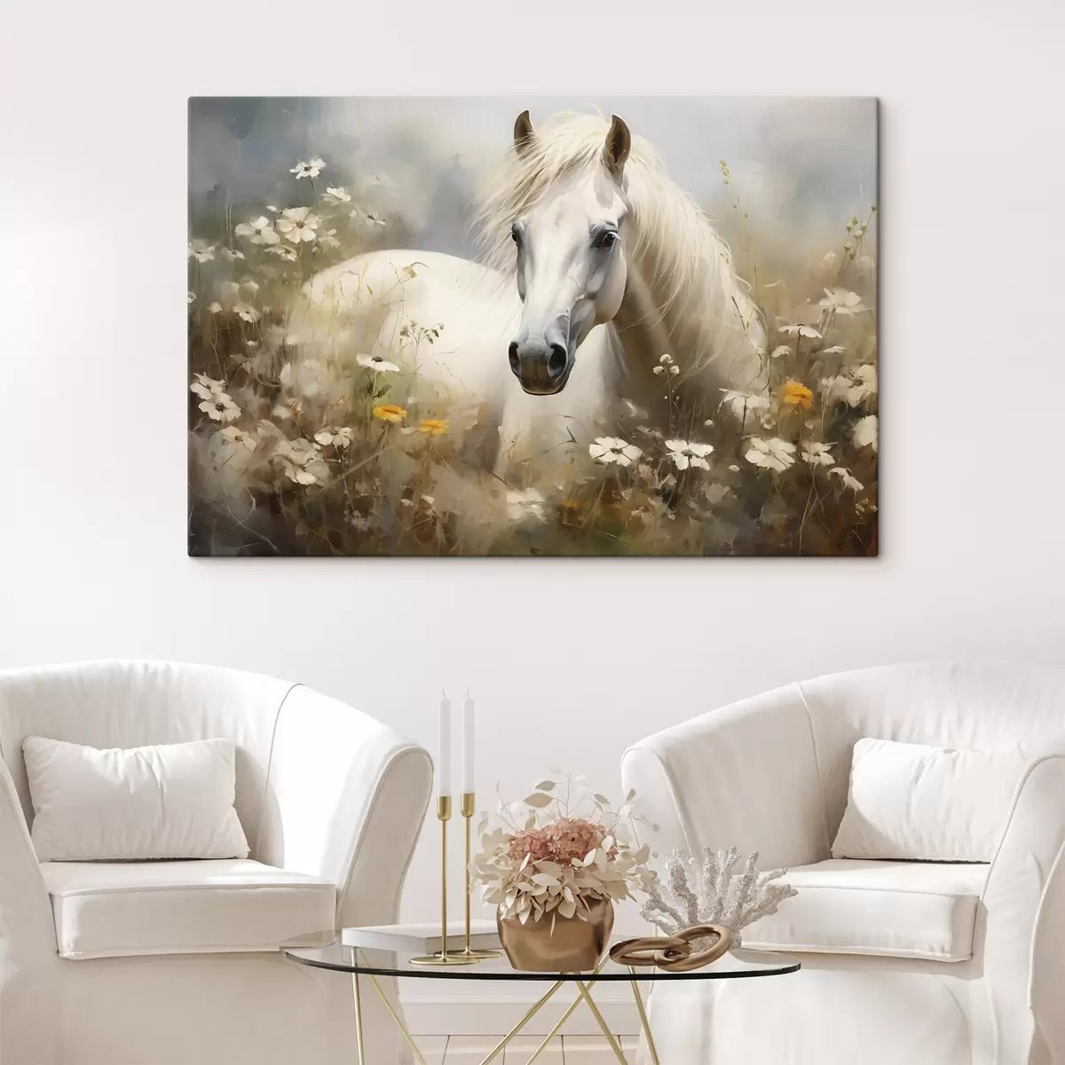  Peintures Cheval blanc dans l'herbe parmi les marguerites s40533