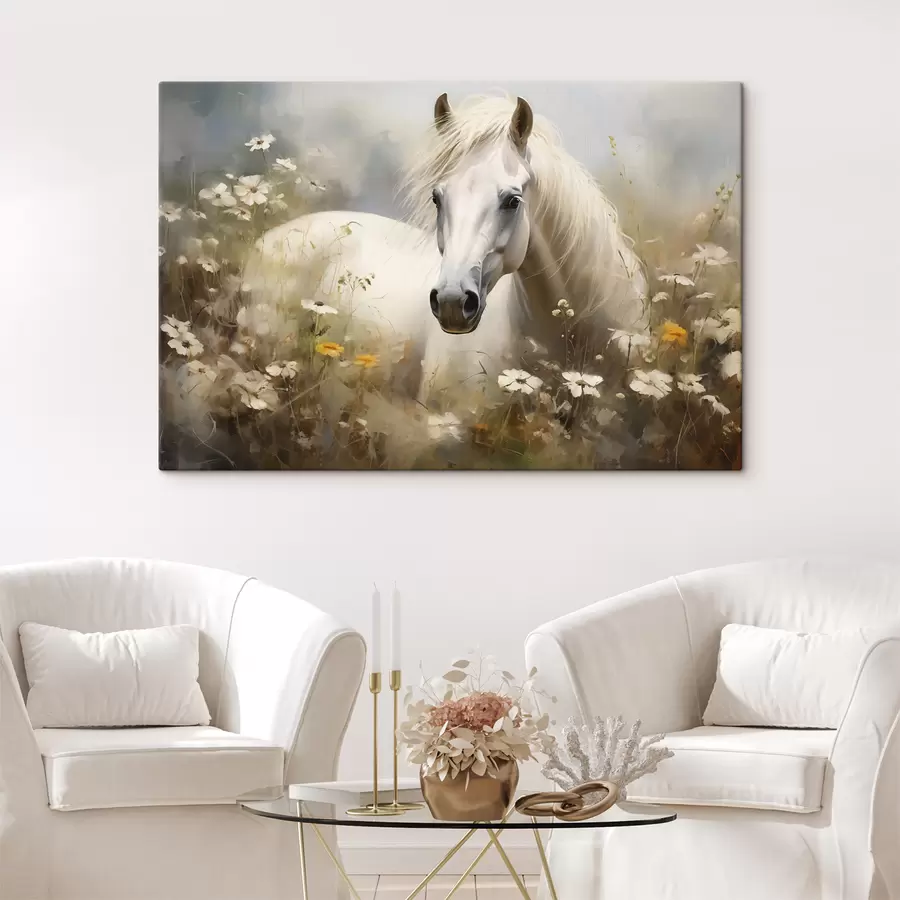  Peintures Cheval blanc dans l'herbe parmi les marguerites s40533