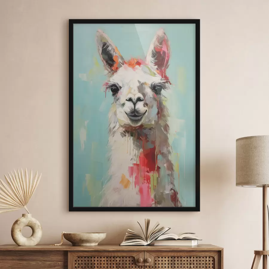 Fotobehang Witte lama met verfvlekken op pastelblauwgrijze achtergrond f40523