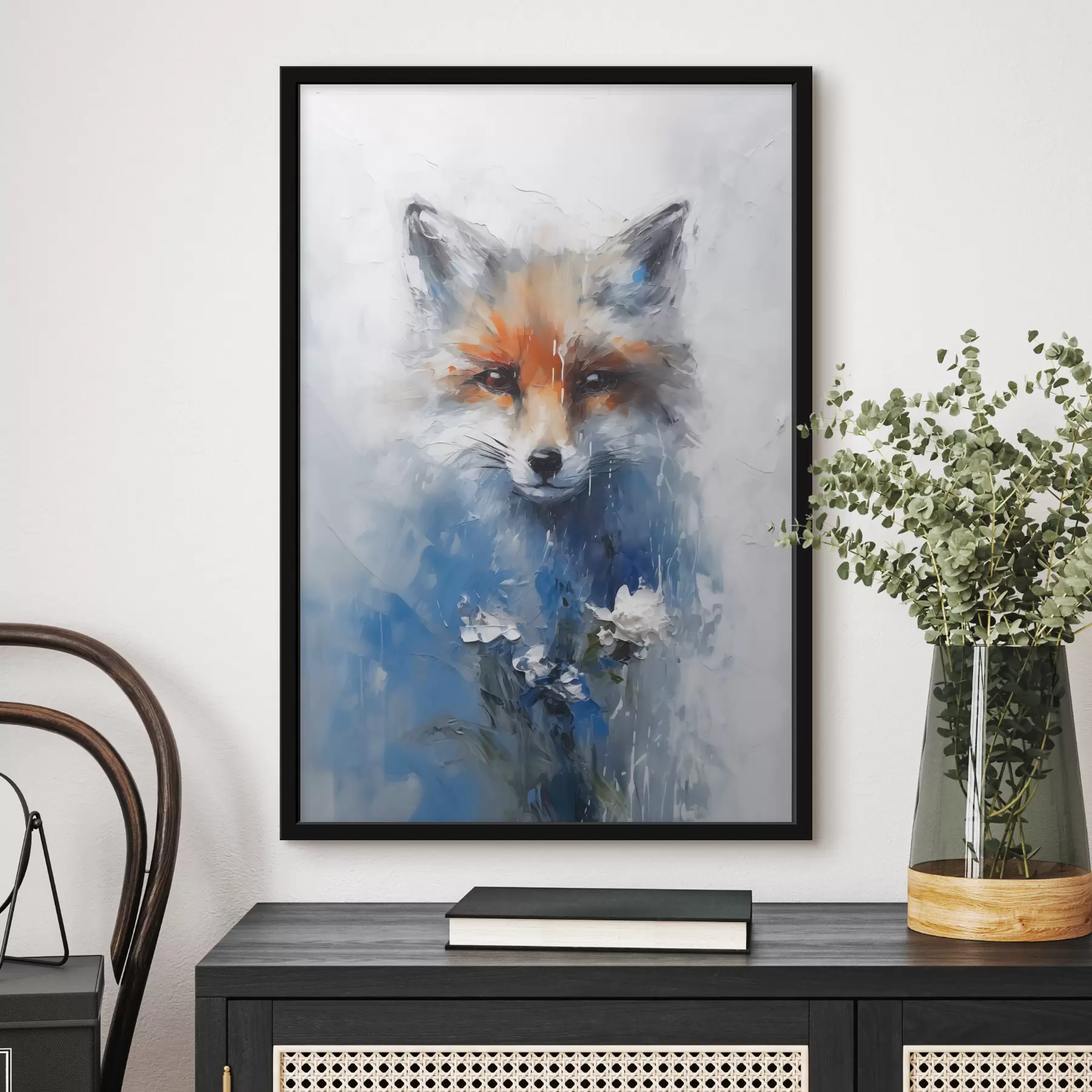  Schilderijen Abstract portret van een vos in blauwe verfvlekken f40524