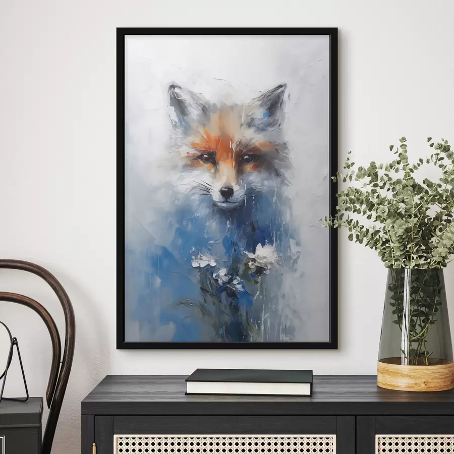 Fotobehang Abstract portret van een vos in blauwe verfvlekken f40524