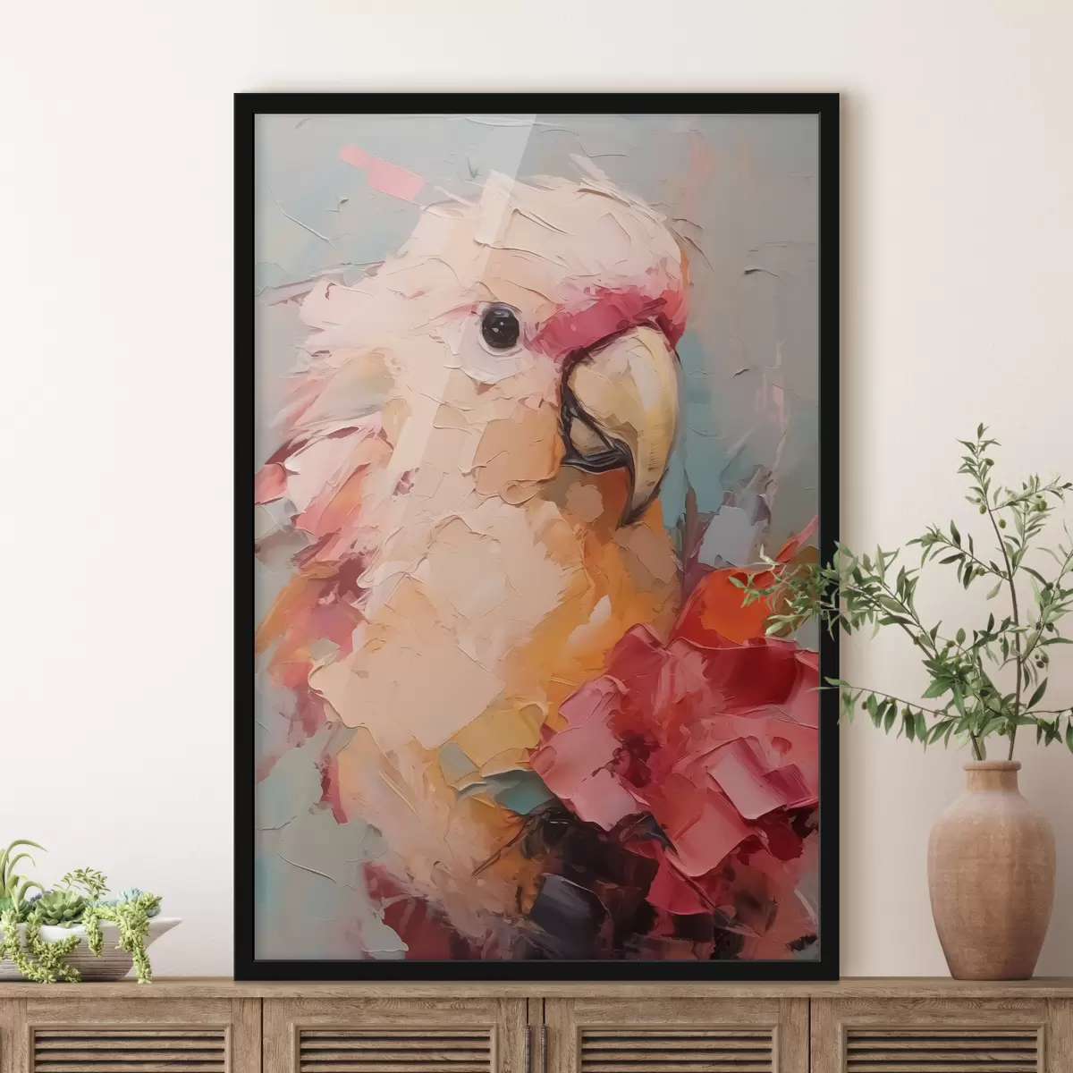Affiche Portrait d'un perroquet cacatoès, couleur rose, rouge, beige, gris f40525