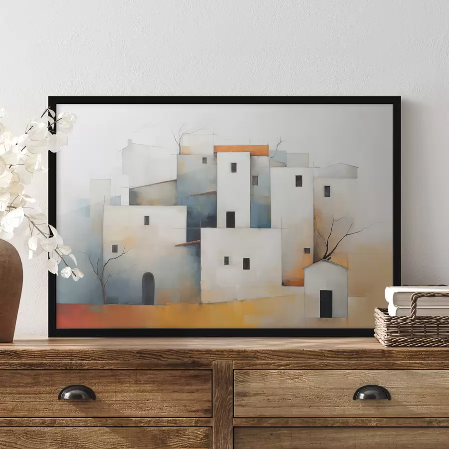 Papier peint photo Maisons stylisées blanches abstraites, couleur rouge, orange, jaune, bleu f40531