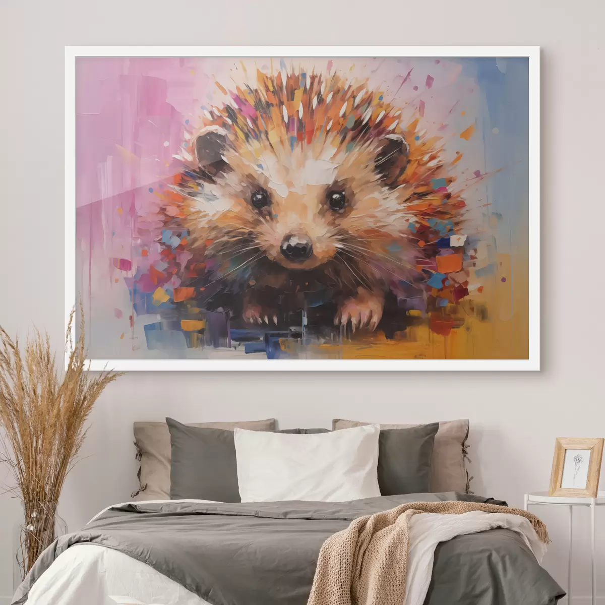 Affiche Portrait d'un hérisson aux couleurs vives, jaune, violet, bleu, orange, marron f40532