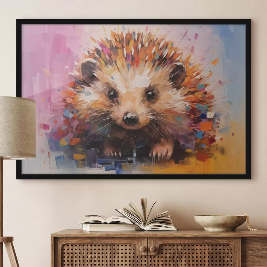 Papier peint photo Portrait d'un hérisson aux couleurs vives, jaune, violet, bleu, orange, marron f40532