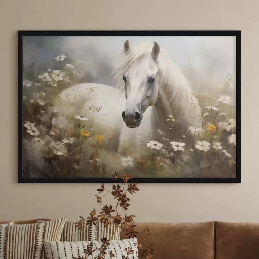  Peintures Cheval blanc dans l'herbe parmi les marguerites f40533