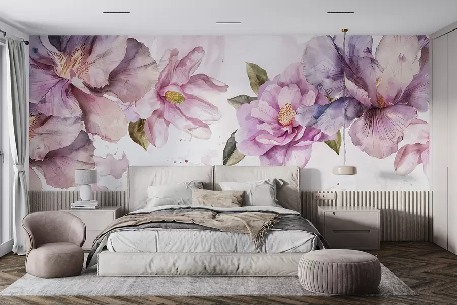 Fotobehang Delicate roze en paarse aquarelbloemen met zachte bloemblaadjes en groene bladeren tegen een lichte achtergrond w08238