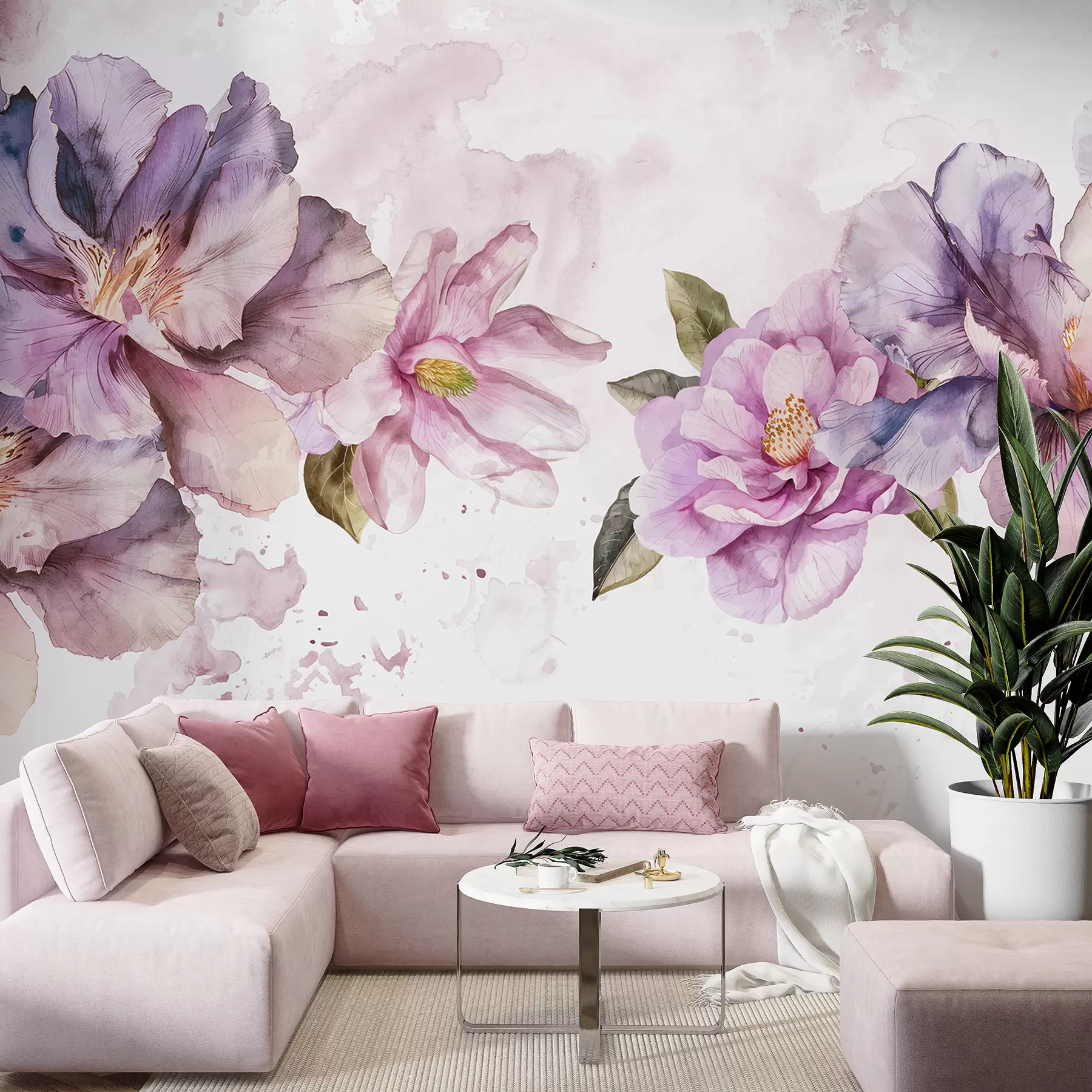 Papier peint photo Fleurs aquarelles délicates roses et violettes avec des pétales doux et des feuilles vertes sur un fond clair w08238