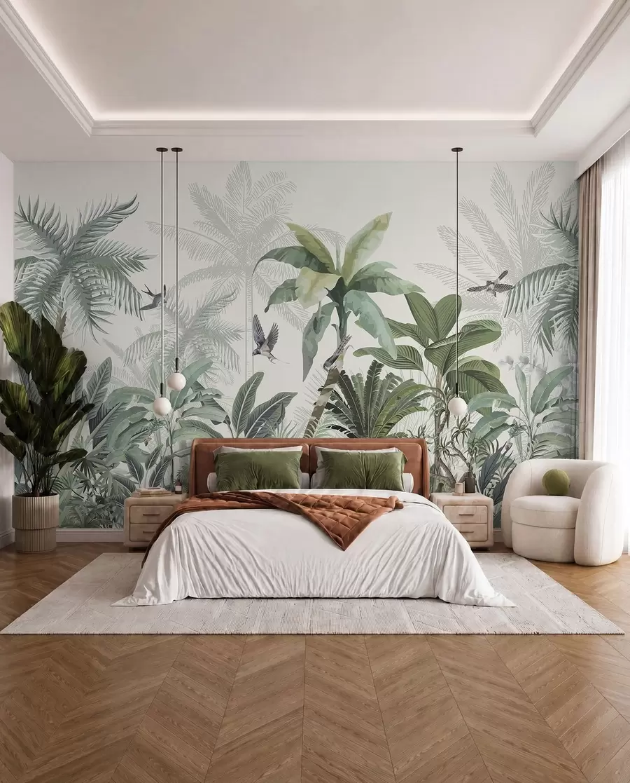 Fotobehang Een weelderig tropisch junglelandschap met verschillende palmbomen, grote bladeren en kleurrijke bloemen op de voorgrond w08239