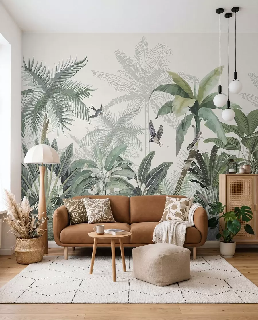 Fotobehang Een weelderig tropisch junglelandschap met verschillende palmbomen, grote bladeren en kleurrijke bloemen op de voorgrond w08239
