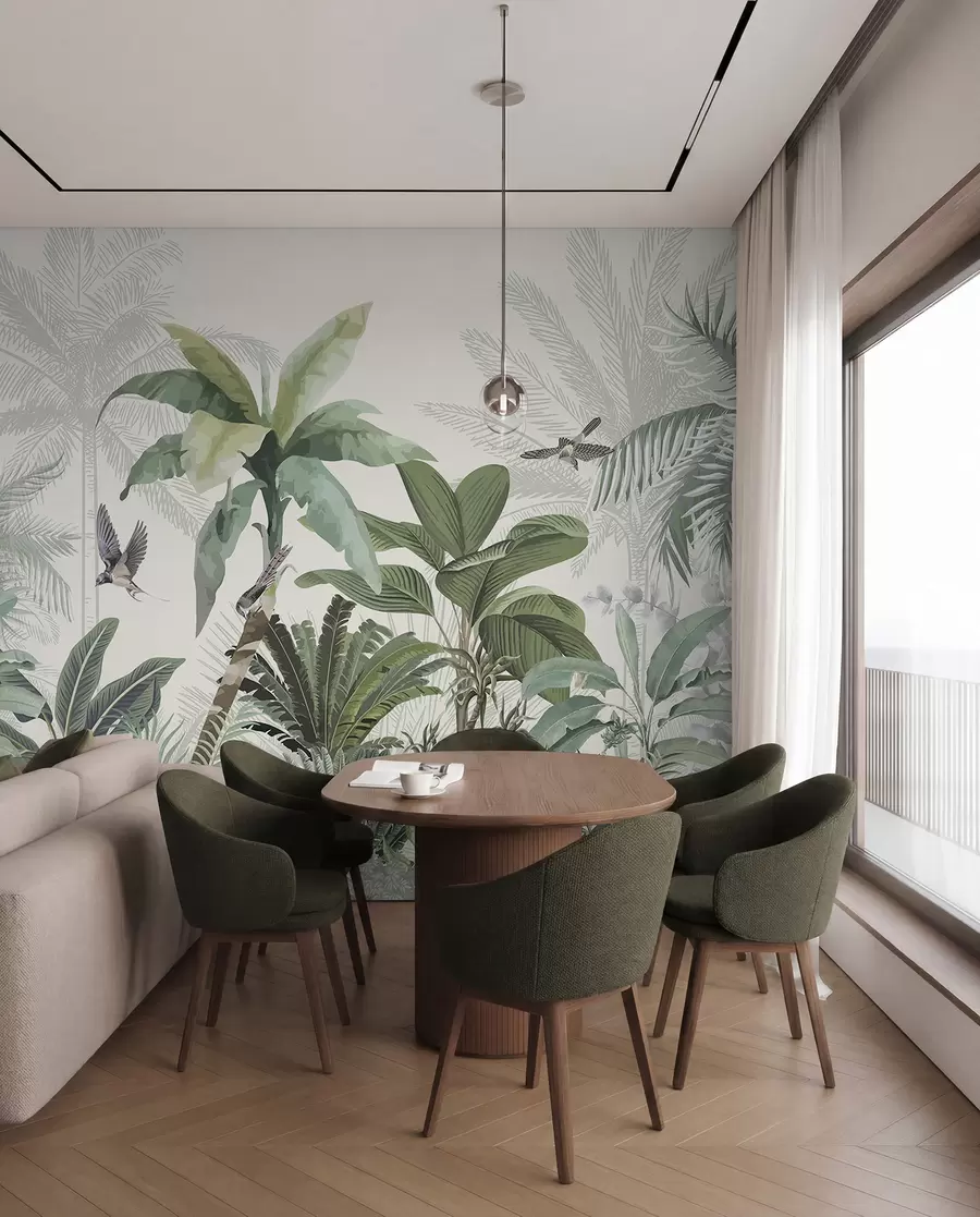 Papier peint photo Une scène de jungle tropicale luxuriante avec divers palmiers, de grandes feuilles et des fleurs colorées au premier plan w08239