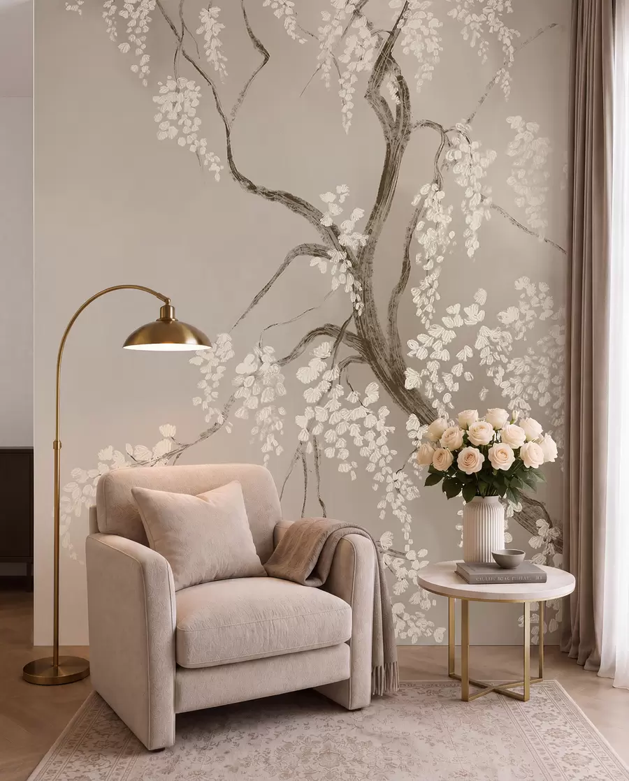 Papier peint photo Cerisier blanc délicat avec des fleurs en fleurs sur des branches sur fond beige w08243