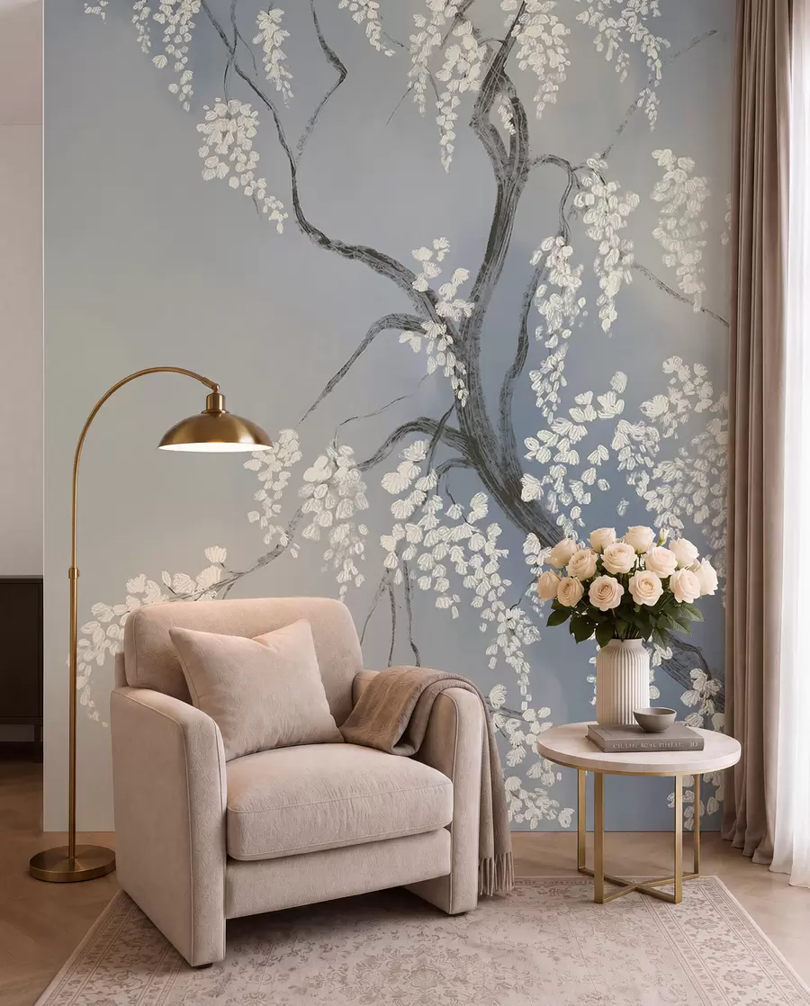 Papier peint photo Cerisier blanc délicat avec des fleurs en fleurs sur des branches sur fond bleu w08243v1