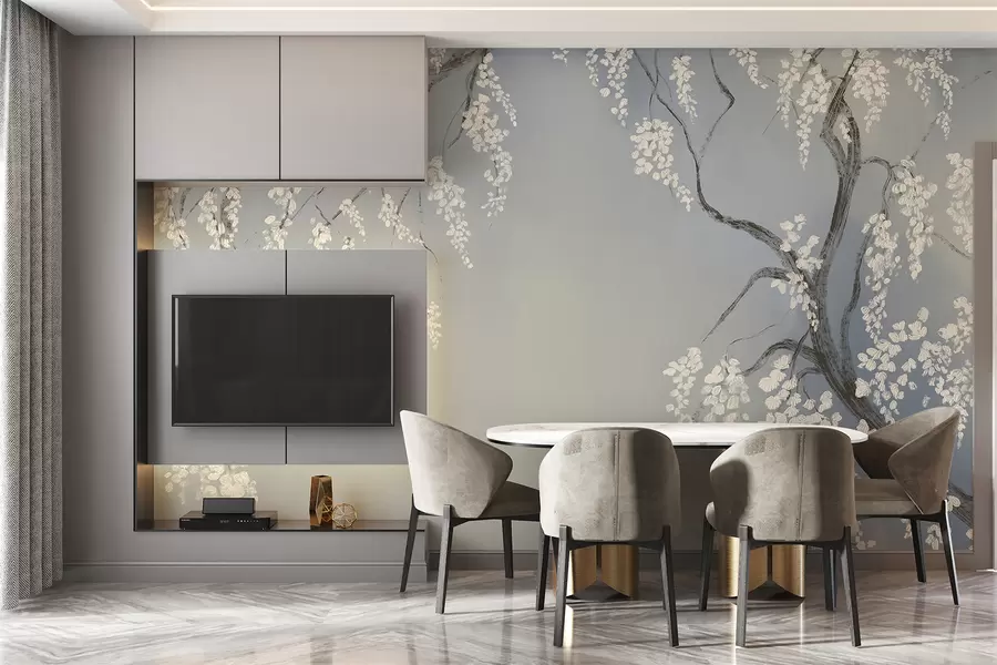 Fotobehang Delicate witte kersenboom met bloeiende bloemen op takken tegen een blauwe achtergrond w08243v1