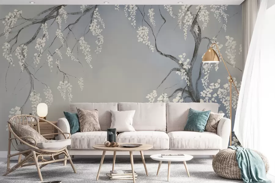 Fotobehang Delicate witte kersenboom met bloeiende bloemen op takken tegen een blauwe achtergrond w08243v1