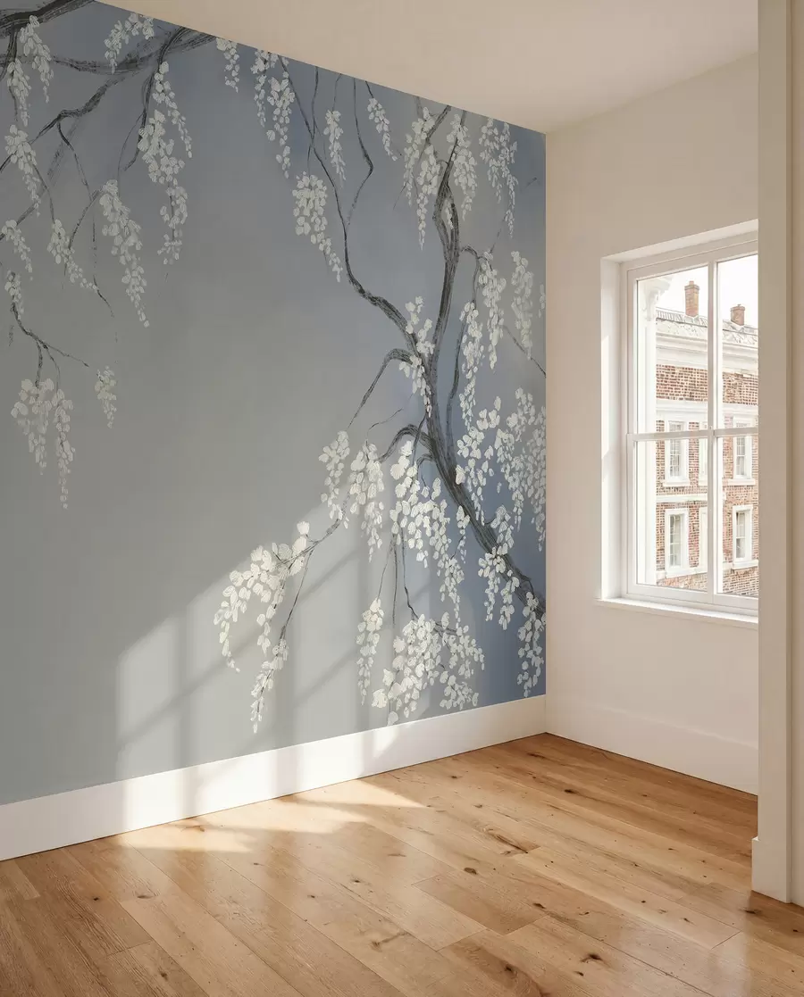 Fotobehang Delicate witte kersenboom met bloeiende bloemen op takken tegen een blauwe achtergrond w08243v1