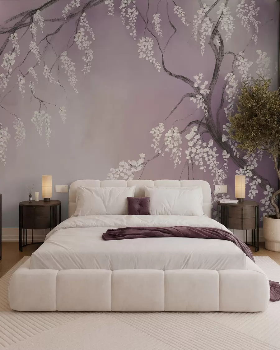 Papier peint photo Cerisier blanc délicat avec des fleurs en fleurs sur des branches sur fond rose w08243v2