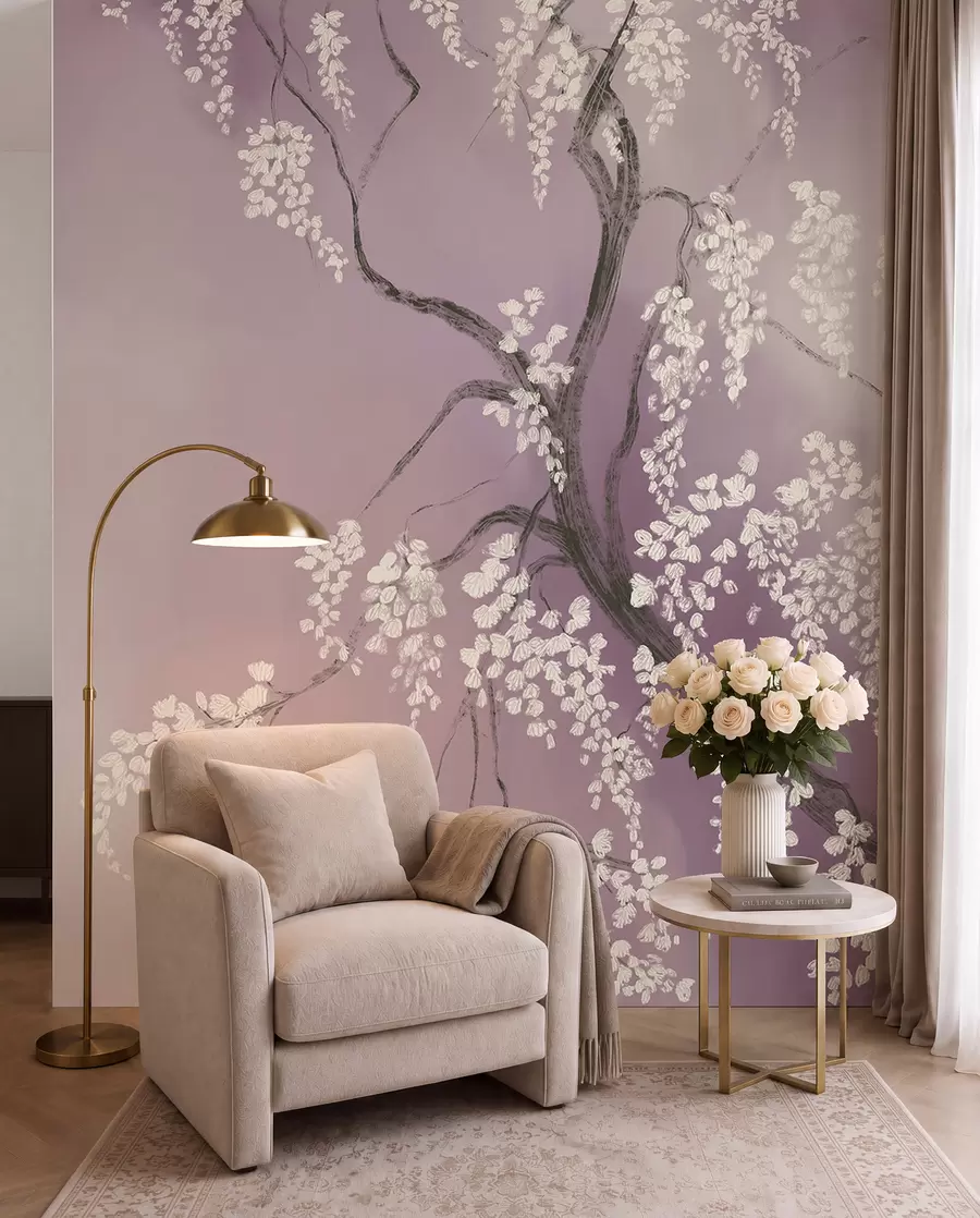 Papier peint photo Cerisier blanc délicat avec des fleurs en fleurs sur des branches sur fond rose w08243v2