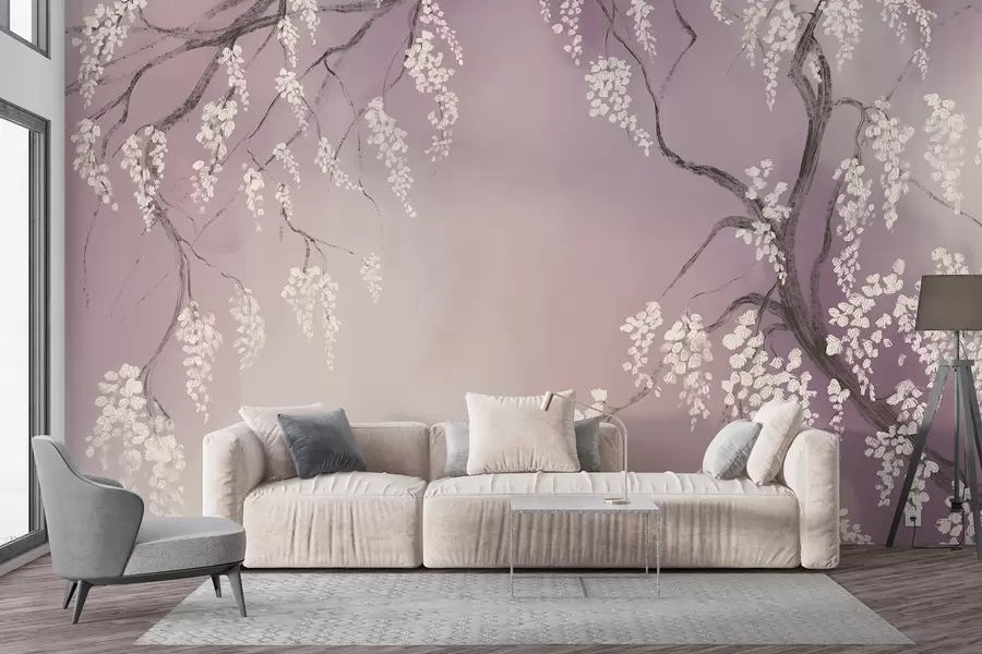 Fotobehang Delicate witte kersenboom met bloeiende bloemen op takken tegen een roze achtergrond w08243v2