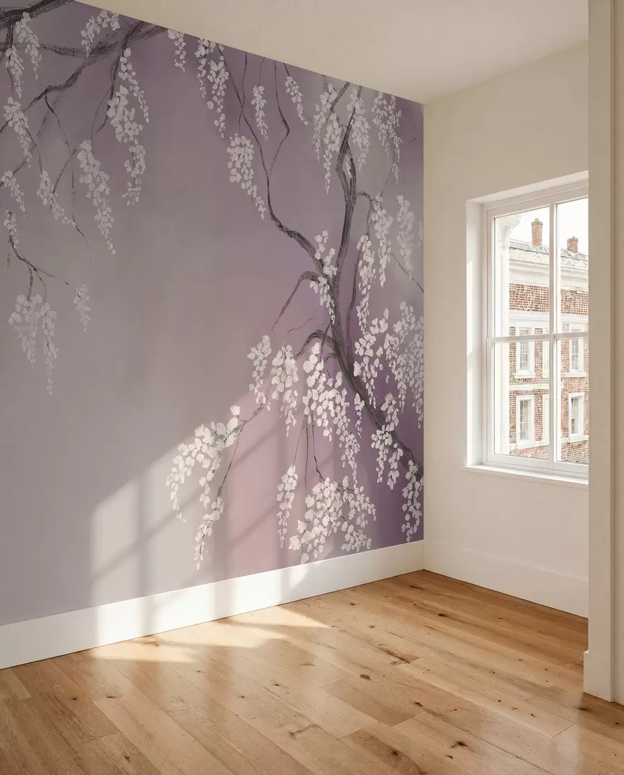 Papier peint photo Cerisier blanc délicat avec des fleurs en fleurs sur des branches sur fond rose w08243v2