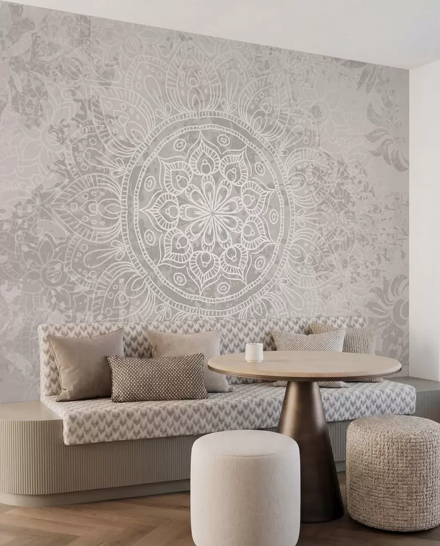 Papier peint photo Un motif de mandala blanc détaillé sur un fond vintage texturé gris clair w08246