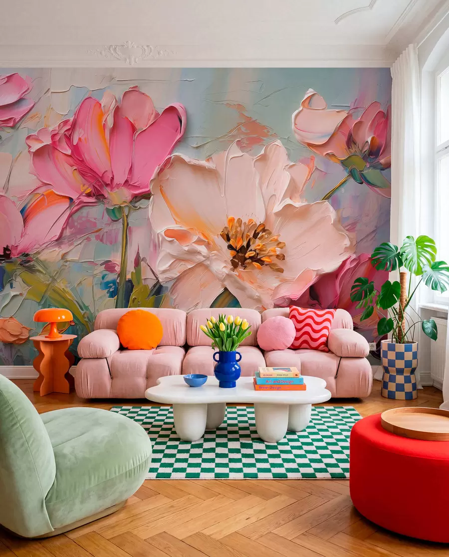 Fotobehang Felroze bloemen op een lichtblauwgrijze achtergrond w01039