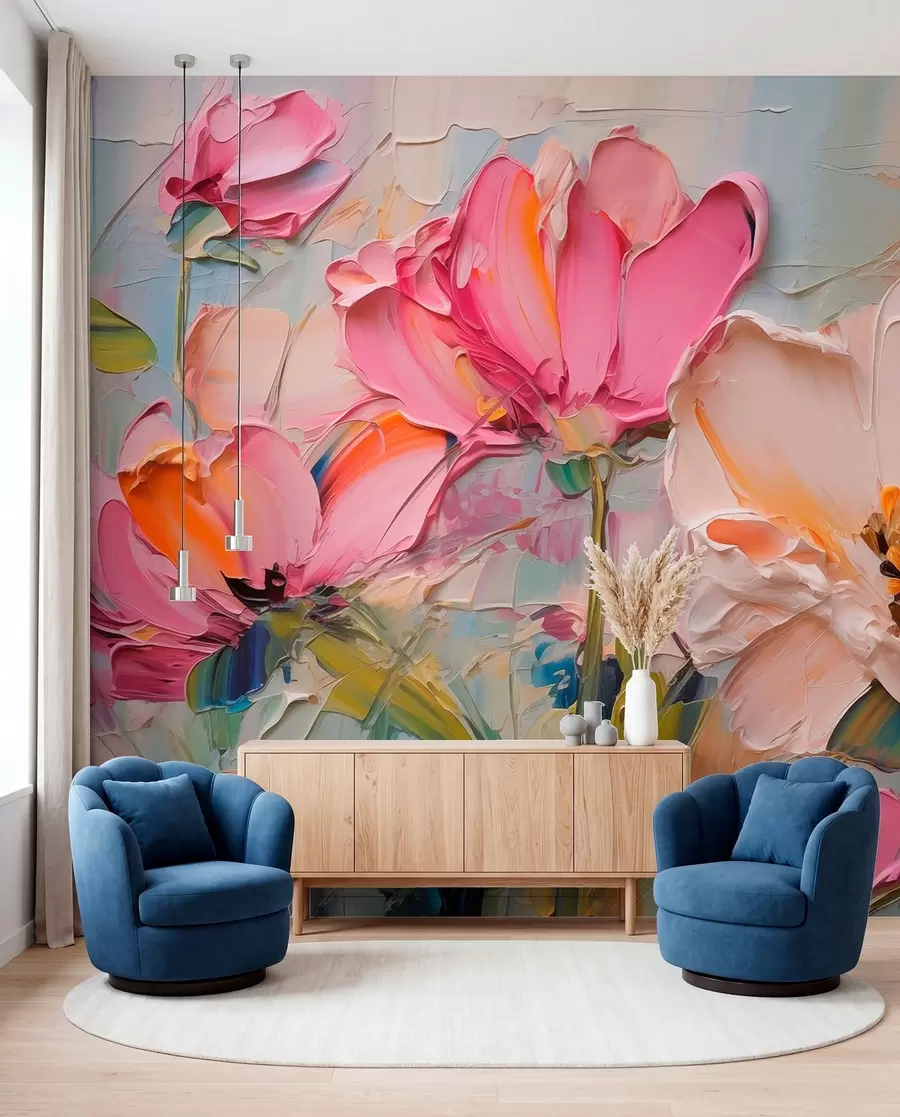Fotobehang Felroze bloemen op een lichtblauwgrijze achtergrond w01039
