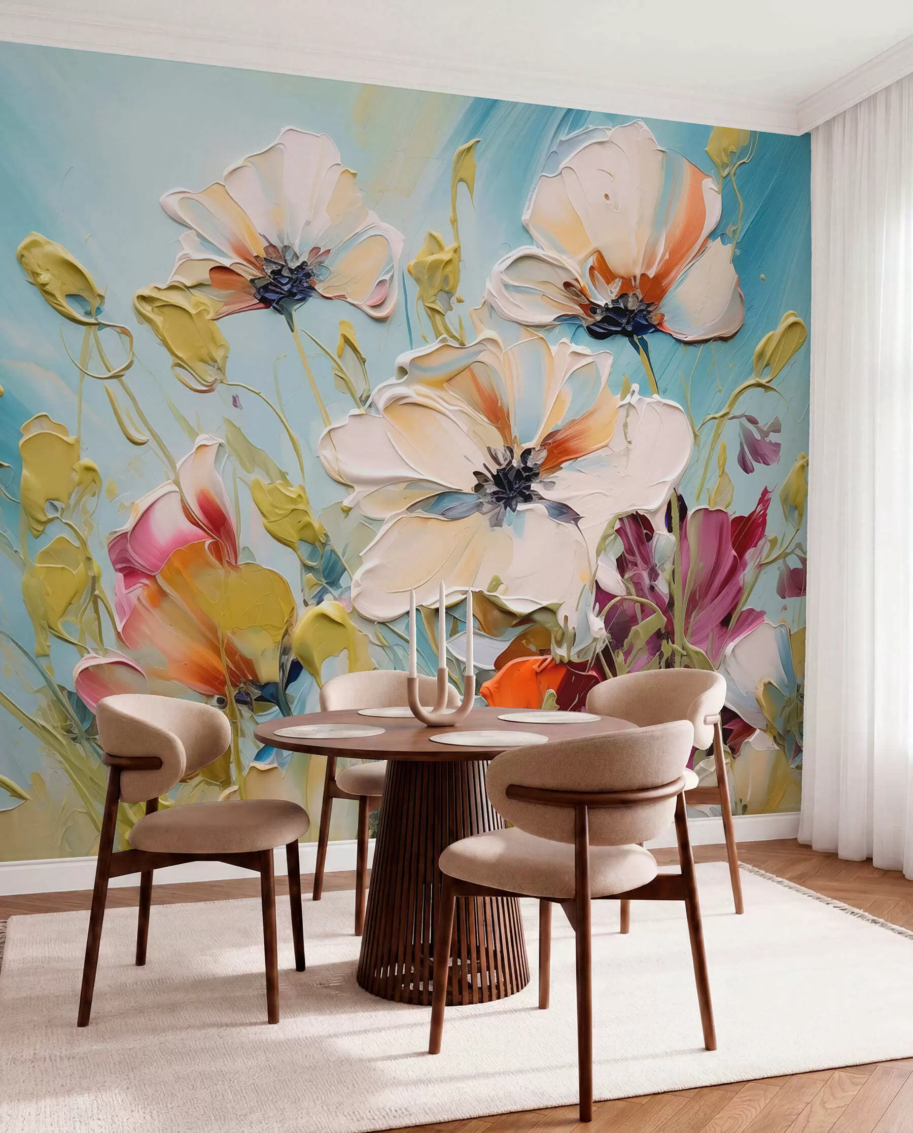 Papier peint photo Coquelicots blancs abstraits sur fond bleu, imitation de coups de pinceau w01043