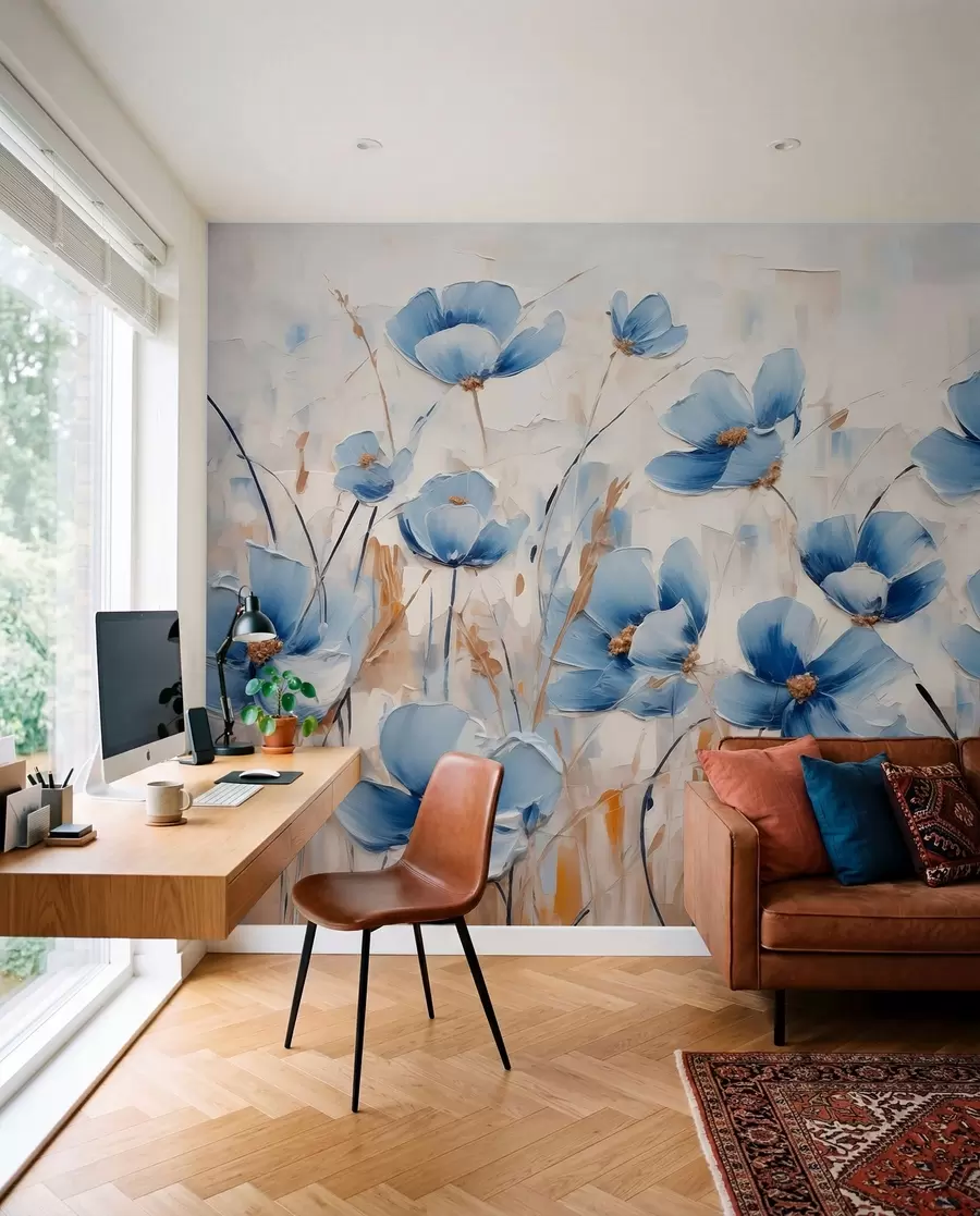 Fotobehang Blauwe bloemen op abstracte achtergrond, imitatie van olieverfstreken w01045