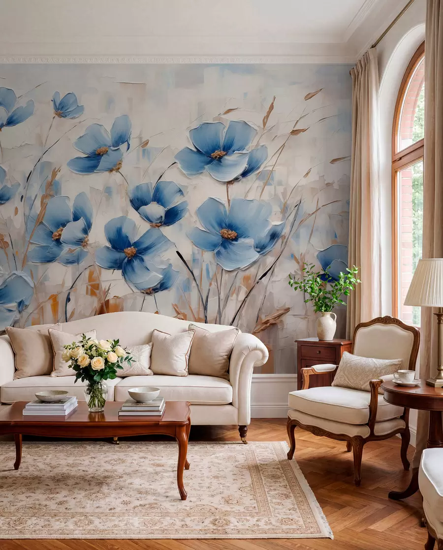Fotobehang Blauwe bloemen op abstracte achtergrond, imitatie van olieverfstreken w01045