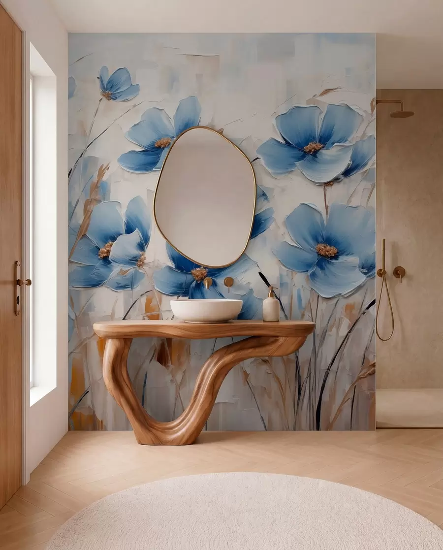 Fotobehang Blauwe bloemen op abstracte achtergrond, imitatie van olieverfstreken w01045