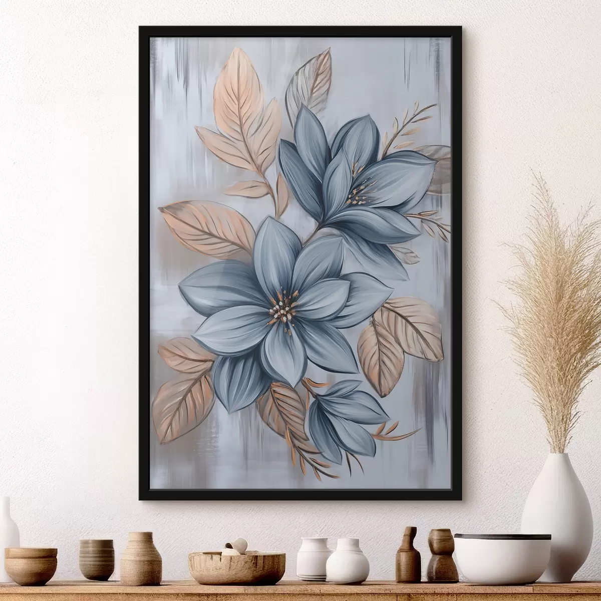 Affiche Fleurs bleues sur fond gris f40453